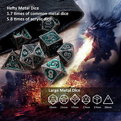 Haxtec DND Dice Set Metal D&D Dice Set with Leather Dice Bag Antique Iron Green Metal Polyhedral Dice for Dungeons and Dragons TTRPG Gifts