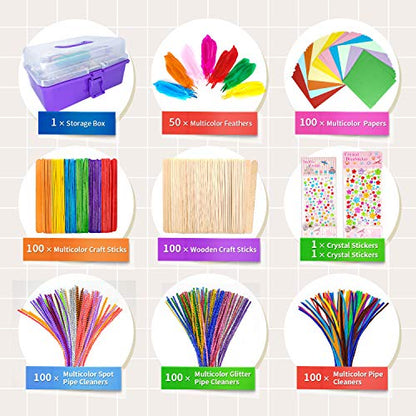 1405 Pcs Art and Craft Supplies for Kids, Toddler DIY Craft Art Supply Set Included Pipe Cleaners, Pom Poms, Feather, Folding Storage Box - All in One for Craft DIY Art Supplies (Purple)