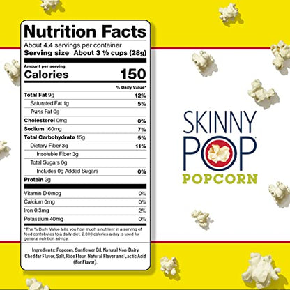 SkinnyPop White Cheddar Popcorn, Skinny Pop, Healthy Popcorn Snacks, Back to School Snack, Gluten Free, 4.4oz Grocery Sized Bag