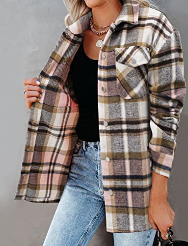 Magritta Winter Plaid Shirts for Women with Pockets Cuffed V Neck Collared Long Sleeve Roll Up Button Down Shacket Jacket Petite Tops Pink Small