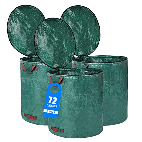 Pilntons 3 Pack 72 Gallons Reusable Yard Waste Bags with Lid Extra Large Lawn Leaf Bags Heavy Duty with 4 Handles Garden Waste Bags Container for Clean Up Outdoor Debris Leaves Grass Clippings