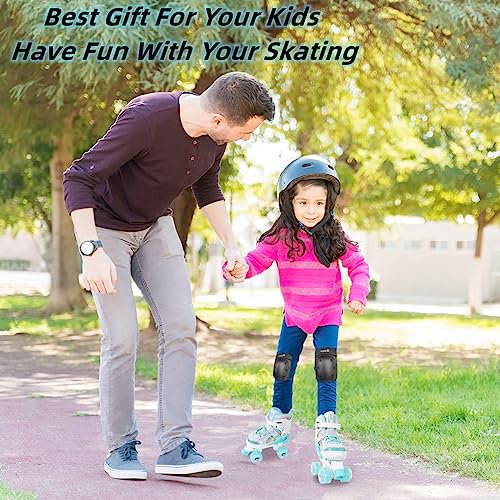 Nattork Roller Skates with Light Up Wheels for Girls, 4 Size Adjustable Quad Skates for Toddler Beginner Kids Outdoor Indoor Rollerskate Sports Ages 3-8 Teal