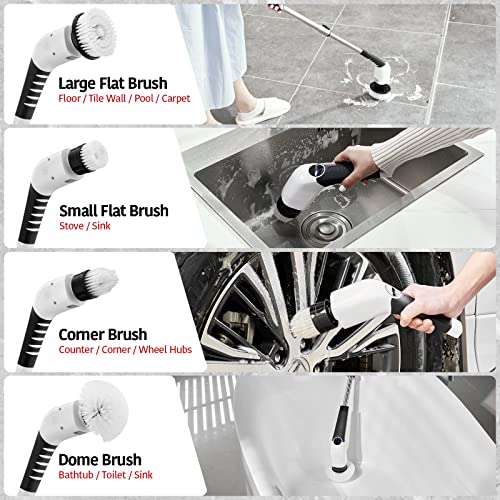 Keimi Electric Spin Scrubber, 2023 New Cordless Voice Prompt Shower Cleaning Brush with 8 Replaceable Brush Heads, 3 Adjustable Speeds, and Adjustable Extension Handle for Bathroom Floor Tile