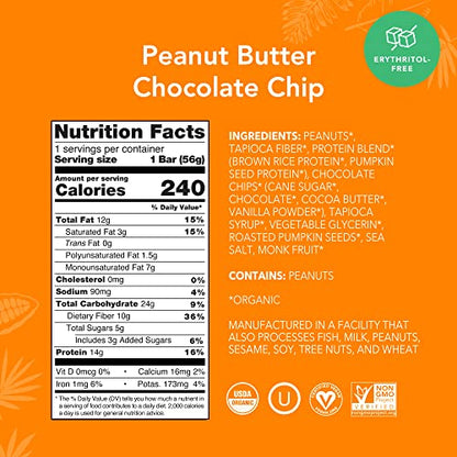 ALOHA Organic Plant Based Protein Bars |Peanut Butter Chocolate Chip | 12 Count, 1.98oz Bars | Vegan, Low Sugar, Gluten Free, Paleo, Low Carb, Non-GMO, Stevia Free, Soy Free, No Sugar Alcohol Sweeteners