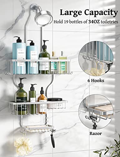 YASONIC Hanging Shower Caddy Over Shower Head with 10 Hooks for Razor/Sponge, Soap Basket Never Rust Aluminum , Large - Silver