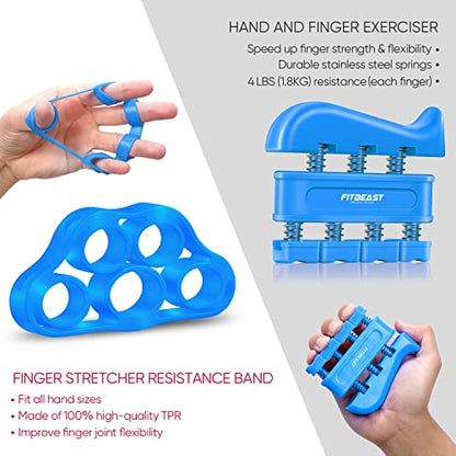 Hand Grip Strengthener Workout Kit (5 Pack) FitBeast Forearm Grip Adjustable Resistance Hand Gripper, Finger Exerciser, Finger Stretcher, Grip Ring & Stress Relief Grip Ball for Athletes (Light Blue)