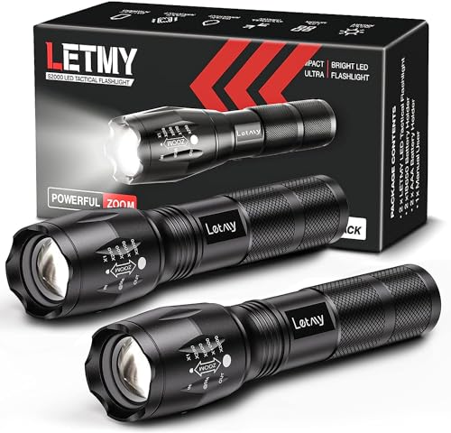 LETMY LED Tactical Flashlight S1000 PRO - 2 Pack Bright Military Grade Flashlights High Lumens - Portable Handheld Flash Lights with 5 Modes, Zoomable, Waterproof for Camping Outdoor Emergency