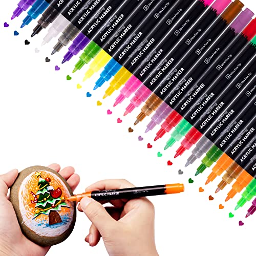 24 Colors Acrylic Paint Pens for Rock Painting, Wood, Ceramics, Glass, Metal, Canvas, Fabric, Scrapbook Supplies, DIY Craft Making Waterborne Markers Pen Set Ultra-fine Nib