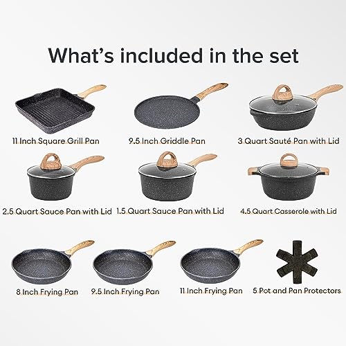 JEETEE Kitchen Pots and Pans Set Nonstick, Induction Granite Coating Cookware Sets with Frying Pan, Saucepan, Sauté Pan, Griddle Pan, Crepe Pan, Cooking Pots, PFOA Free, (Grey, 20pcs Set)