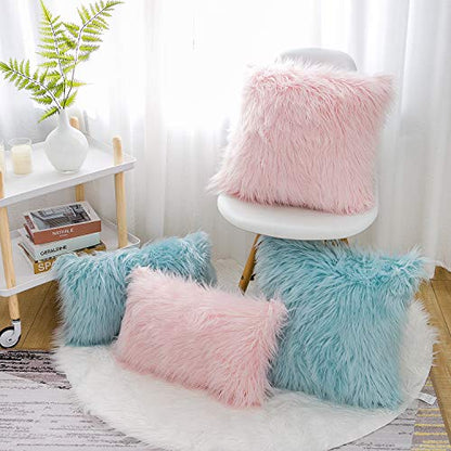 WLNUI Set of 2 Pink Fluffy Pillow Covers New Luxury Series Merino Style Blush Faux Fur Decorative Throw Pillow Covers Square Fuzzy Cushion Case 18x18 Inch