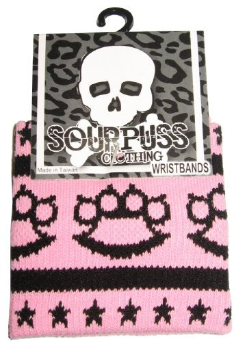 Knit Black Brass Knuckles & Stars on Light Pink Wristbands from Sourpuss Clothing (Set of 2)