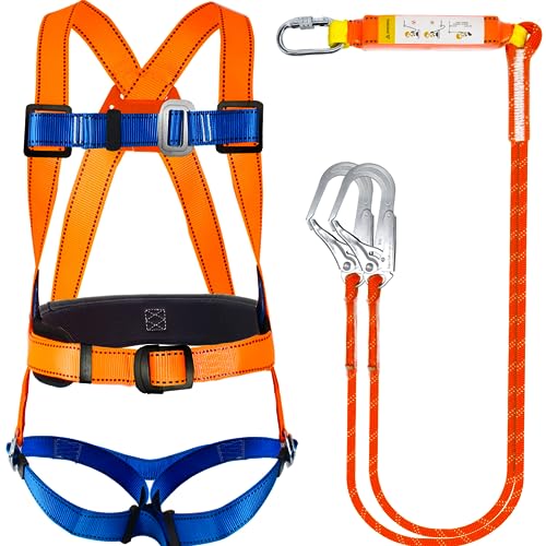 GLOROUSCHU Full Body Safety Harness Tool Fall Protection，OSHA/ANSI Compliant,ASTM F1774certified | INTERNAL Shock Absorbing Lanyard（Orange）