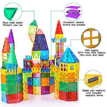 AFUNX 130 PCS Magnetic Tiles Building Blocks 3D Clear Construction Playboards, Inspiration , Creativity Beyond Imagination, Educational Magnet Toy Set for Kids with 2 Cars
