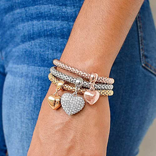 SILANER Crystal Charms Multilayer Bracelets - 3PCS Gold/Silver/Rose Gold Corn Chain Bracelet for Women, Tree of Life Heart Shaped Stretch Bracelet(Solid Hearts Charm)