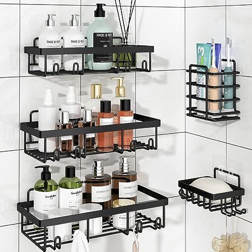 Liuoud Shower Caddy, 5 Pack Shower Organizer, Adhesive Shower Rack for Inside Shower with Large Capacity, Durable Stainless Steel Bathroom Shower Shelf, Black