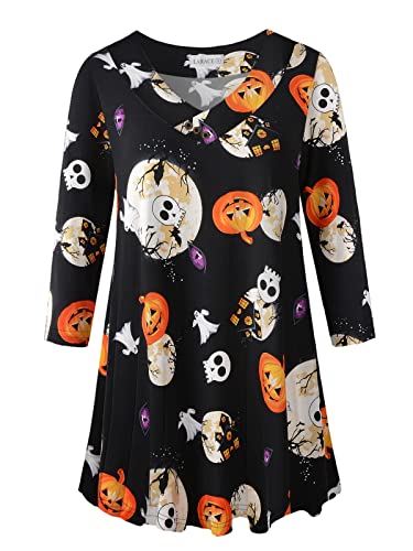 LARACE Plus Size Tops 3/4 Sleeve Halloween Shirts For Women V Neck Tunic Flare Swing Blouses Basic T-shirts(Flower42 3X)