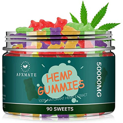 AFXMATE Hemp Gummies 50000mg, Natural Hemp Oil Infused Gummies Fruit Flavored Gummy (90 Gummies)