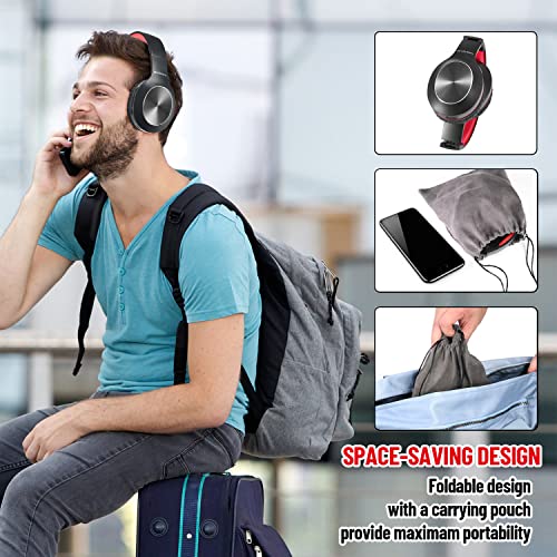 Rydohi Bluetooth Headphones Over Ear,68H Playtime and 3 EQ Music Modes Wireless Headphones with Microphone/Deep Bass, HiFi Stereo Foldable Lightweight Headset for PC Home Travel Office (Black Red)