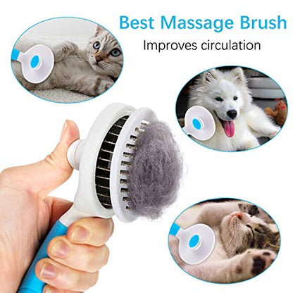 Cat Grooming Brush, Self Cleaning Slicker Brushes for Dogs Cats Pet Brush Tool Gently Removes Loose Undercoat, Mats Tangled Hair Massage-Self (Blue)