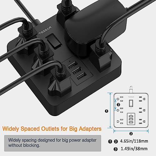 Surge Protector Power Strip Black, TESSAN 5 Ft Extension Cord with 6 Outlets 3 USB Charger, 1700J Flat Plug Desktop Charging Station for Home, Office, School, College Dorm Room Essential