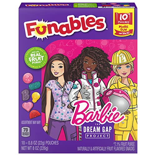 Funables Fruit Snacks, Barbie Shaped Fruit Flavored School Snacks, Pack of 10 0.8 ounce Pouches