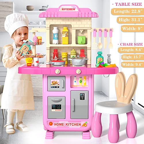 Kids Kitchen Playset for Toddlers Girls, Toy Sets Pretend Play Food Toy with Chair for Kids Ages 3-8, Kitchen Accessories Set with Light Sound Spray