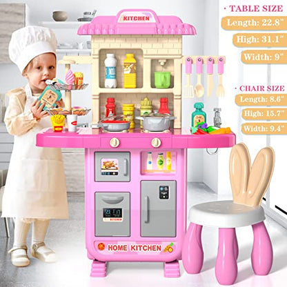 Kids Kitchen Playset for Toddlers Girls, Toy Sets Pretend Play Food Toy with Chair for Kids Ages 3-8, Kitchen Accessories Set with Light Sound Spray