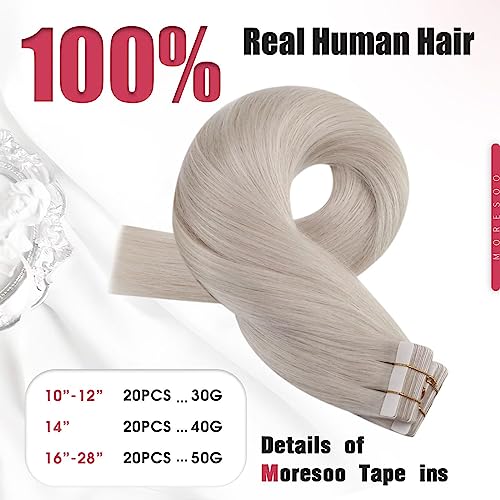 Moresoo Blonde Tape in Human Hair Extensions Seamless Tape in Hair White Blonde Hair Extensions Real Human Hair Extensions Tape in Invisible Hair Extensions Real Hair 10 Inch #60A 20pcs 30g