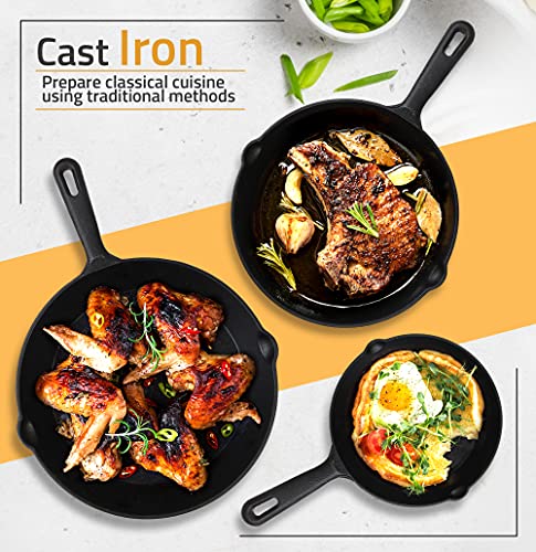 Utopia Kitchen - Saute fry pan - Pre-Seasoned Cast Iron Skillet Set 3-Piece - Nonstick Frying Pan 6 Inch, 8 Inch and 10 Inch Cast Iron Set (Black)