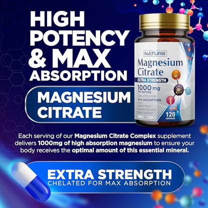 Magnesium Citrate 1000mg - Max Absorption & High Potency Magnesium Complex Supplement for Heart, Muscle, Nerve, Bone Health & Stress Relief - Non-GMO, Gluten-Free - 120 Vegan Capsules