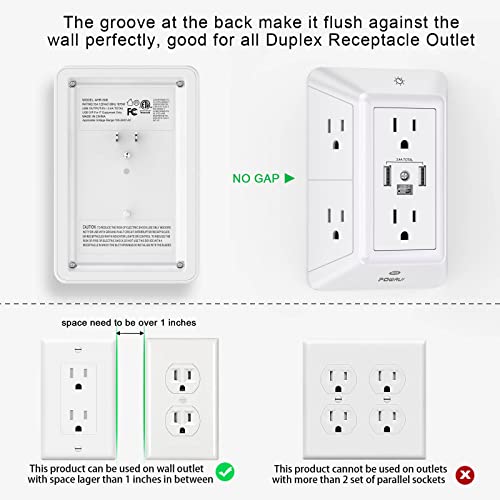 Surge Protector USB Outlet Extender - POWRUI Multi Plug with 6 Outlet Splitter and 3 USB Charging Ports and Night Light,3-Sided Power Strip with Adapter Spaced Outlets - White,ETL