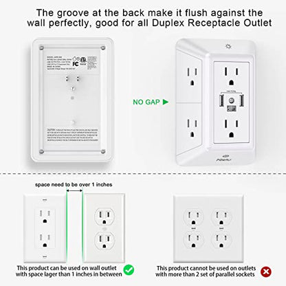 Surge Protector USB Outlet Extender - POWRUI Multi Plug with 6 Outlet Splitter and 3 USB Charging Ports and Night Light,3-Sided Power Strip with Adapter Spaced Outlets - White,ETL