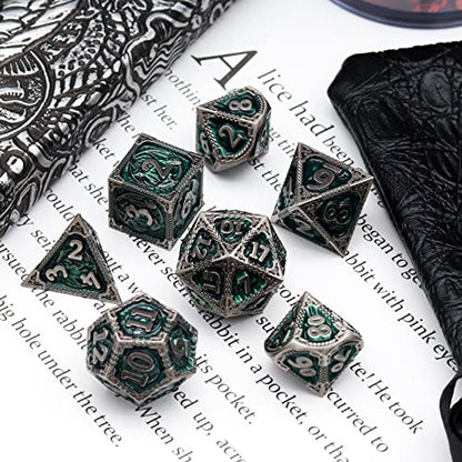 Haxtec DND Dice Set Metal D&D Dice Set with Leather Dice Bag Antique Iron Green Metal Polyhedral Dice for Dungeons and Dragons TTRPG Gifts