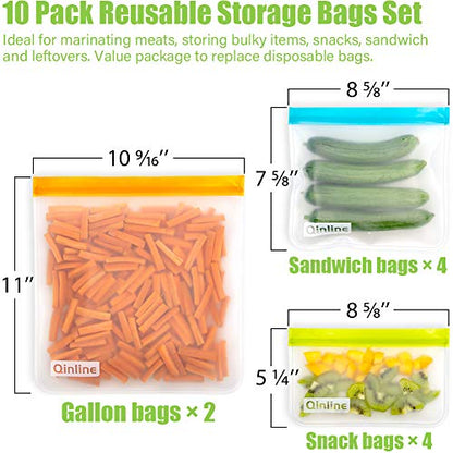 Qinline Reusable Food Storage Bags - 10 Pack BPA FREE Freezer Bags(2 Reusable Gallon Bags + 4 Reusable Sandwich Bags + 4 Food Grade Snack Bags) EXTRA THICK Leakproof Reusbale Lunch Bag for Salad Fruit