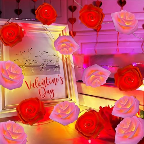 TURNMEON 7Ft 20 Led Valentines Rose Lights,Valentines Day Decor Red Pink Rose Fairy Lights Battery Operated Artificial Rose Flowers Garland Valentines Decoration Home Indoor Outdoor(Warm White)