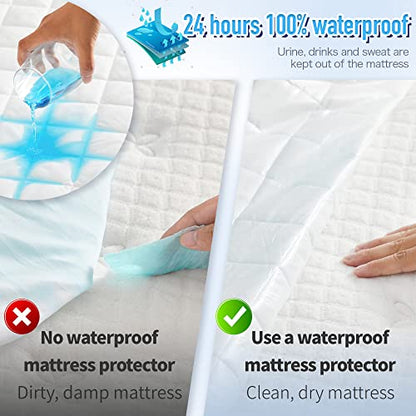 HYLEORY Twin Size Waterproof Mattress Pad Protector, Breathable Quilted Mattress Cover Noiseless Waterproof Fitted Sheet Mattress Topper Upto 21" Deep Pocket, White