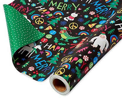 American Greetings 175 sq. ft. Reversible Black Christmas Wrapping Paper For Kids, Dinosaurs, Yetis and Unicorns (1 Jumbo Roll 30 in. x 70 ft.)