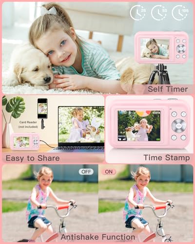 Digital Camera, FHD 1080P Kids Camera with Neck Lanyard 32GB Card Battery, Anti-Shake 16X Digital Zoom, 44MP Point Shoot Cameras, Compact Portable Small Gift Camera for Kid Teen Student Girl Boy(Pink)