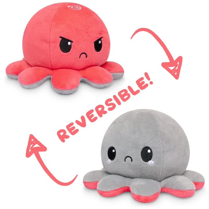 TeeTurtle - The Original Reversible Octopus Plushie - Red Angry + Gray Sad - Cute Sensory Fidget Stuffed Animals That Show Your Mood