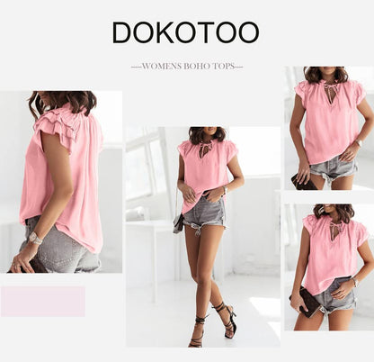 Dokotoo Womens Boho Tops and Blouses V Neck Cap Sleeve Ladies Summer Solid Color Dressy Flowy Ruffle Shirts with Drawstring Medium Pink