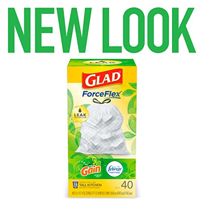 GLAD ForceFlex Tall Drawstring Trash Bags, 13 Gallon White Bags for Kitchen Can, Gain Original Scent to Eliminate Odors, 40 Count