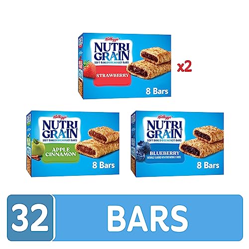 Nutri-Grain Soft Baked Breakfast Bars, Made with Whole Grains, Kids Snacks, Variety Pack (4 Boxes, 32 Bars)