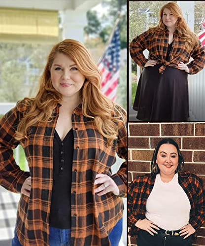 RITERA Plus Size Tops for Women Button Down Shirts Plaid Shacket Long Sleeve Collared Business Casual Fall Flannel Blouse Black Orange 2XL 18W 20W