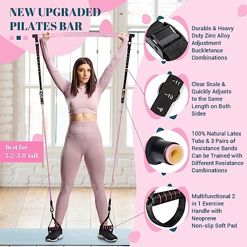 Pilates Bar Kit with Resistance Bands, Multifunctional Yoga Pilates Bar with Heavy-Duty Metal Adjustment Buckle, Portable Home Gym Pilates Resistance Bar for Women Full Body Workouts(20-150LBS)-Pink