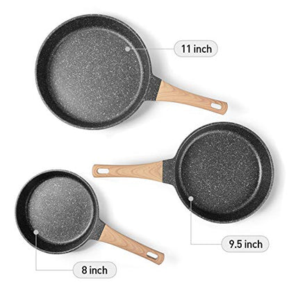 YIIFEEO Frying Pans Nonstick, Induction Frying Pan Set Granite Skillet Pans for Cooking Omelette Pan Cookware Set with Heat-Resistant Handle, Christmas Gift for Women (8" &9.5" &11")