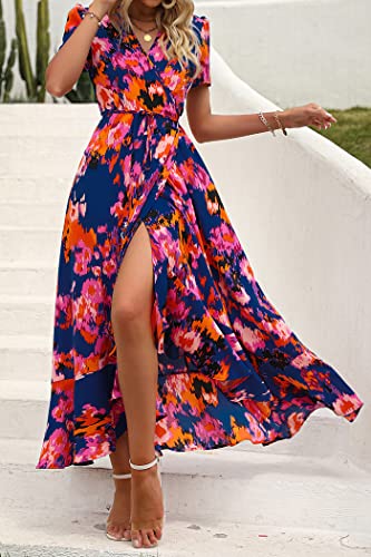 PRETTYGARDEN Women's Summer Wrap Maxi Dress Casual Boho Floral V Neck Short Sleeve Ruffle Hem Split Beach Long Dresses (Blue Orange Floral,XX-Large)