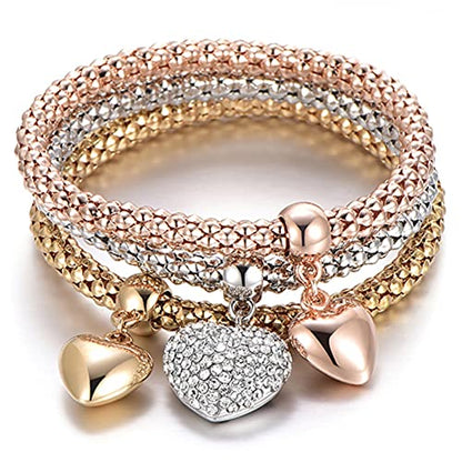 SILANER Crystal Charms Multilayer Bracelets - 3PCS Gold/Silver/Rose Gold Corn Chain Bracelet for Women, Tree of Life Heart Shaped Stretch Bracelet(Solid Hearts Charm)