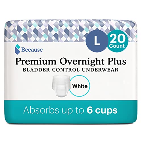 Because Premium Overnight Plus Pull Up Underwear - Extremely Absorbent, Soft & Comfortable Nighttime Leak Protection - White, Large - Absorbs 6 Cups - 20 Count
