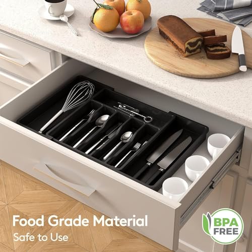 Lifewit Silverware Drawer Organizer, Expandable Utensil Tray for Kitchen, Adjustable Flatware and Cutlery Holder, Compact Plastic Storage for Spoons Forks Knives, Large, Black