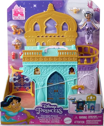 Mattel Disney Princess Toys, Jasmine Stackable Castle Doll House Playset with Small Doll, 2 Friends and 7 Pieces, Inspired by the Disney Movie, Kids Travel Toys and Gifts